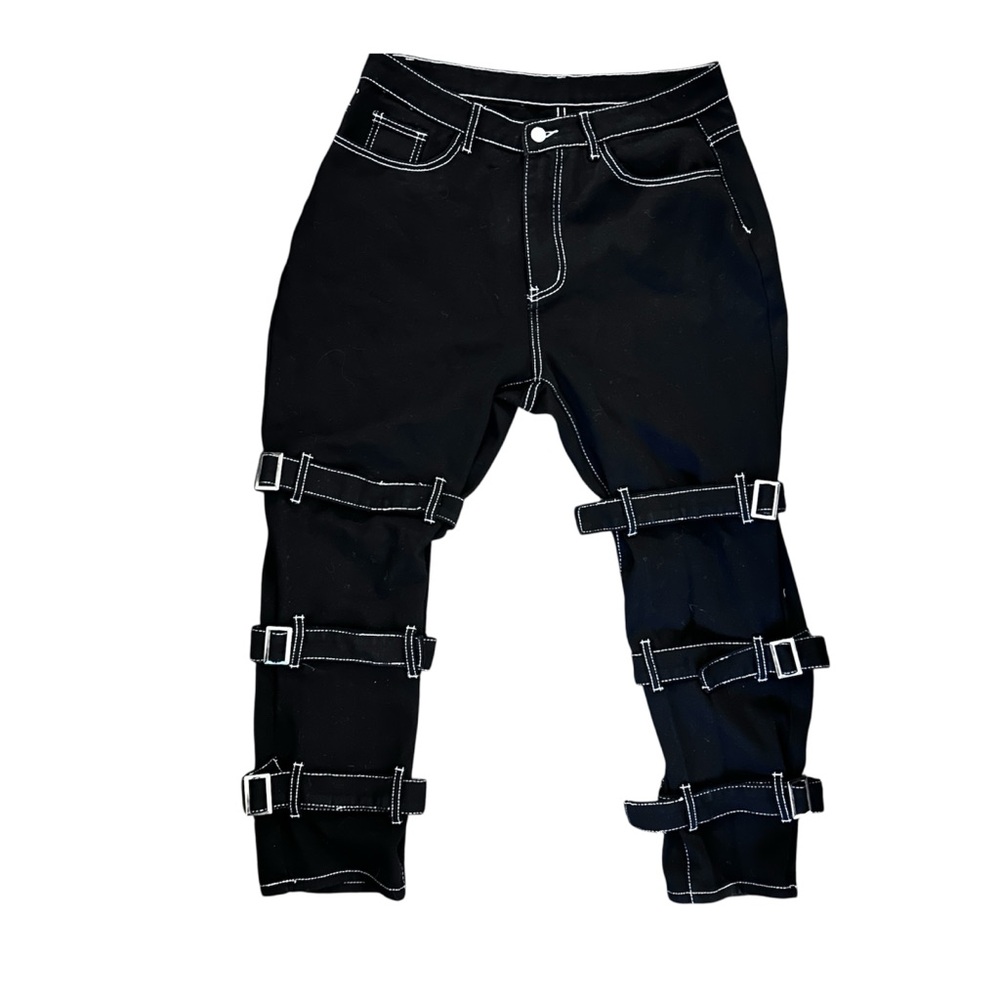 Shein Gothic Punk Black High Waist Skinny Leg Jeans W/ Adjustable Leg Straps